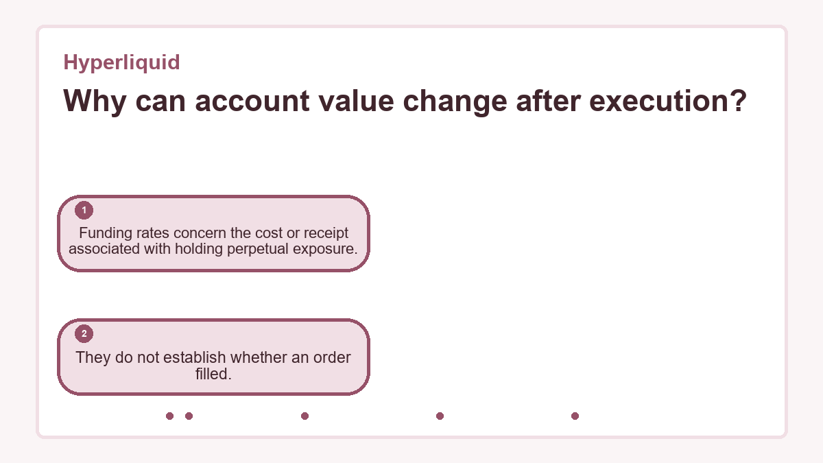 Why can account value change after execution?: Funding rates concern the cost or receipt associated with holding perpetual exposure.; They do not establish whether an order filled.